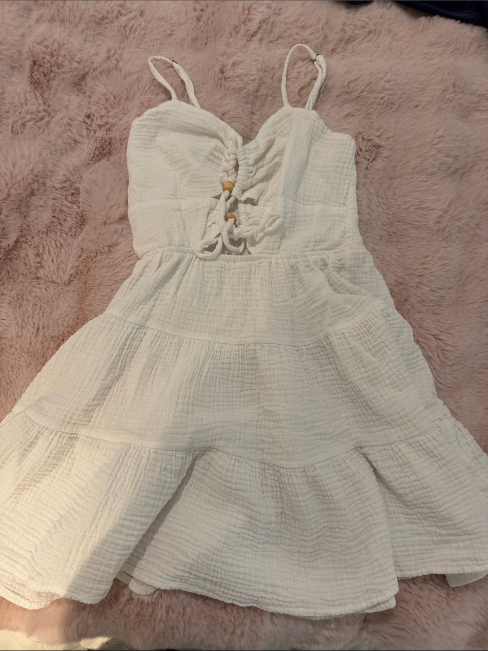 Ocean Drive Cream Tiered Spaghetti Strap Dress with Front Lace Tie